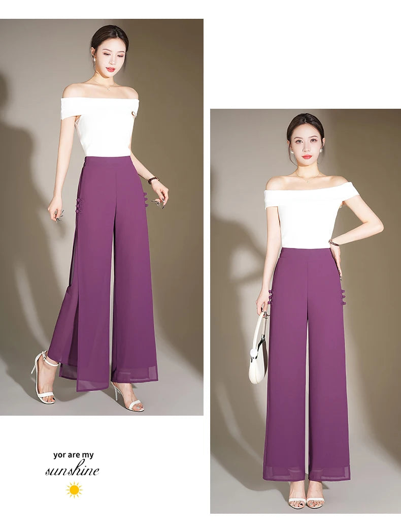 ZUZK Slit Chiffon Long Pants Summer Comfortable Elastic Waist Slim Double Layer Chiffon Pants Chic Droop Chinese Style Pants