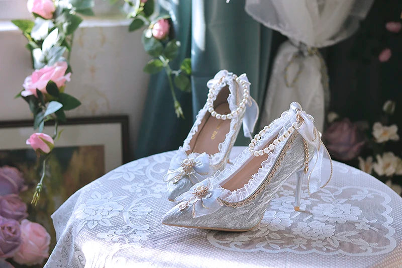 Lolita High Heels One Night Story Lolita Shoes Shiny Pointed High Heels Flower Wedding Ceremony 18 Year Old Slim Heels