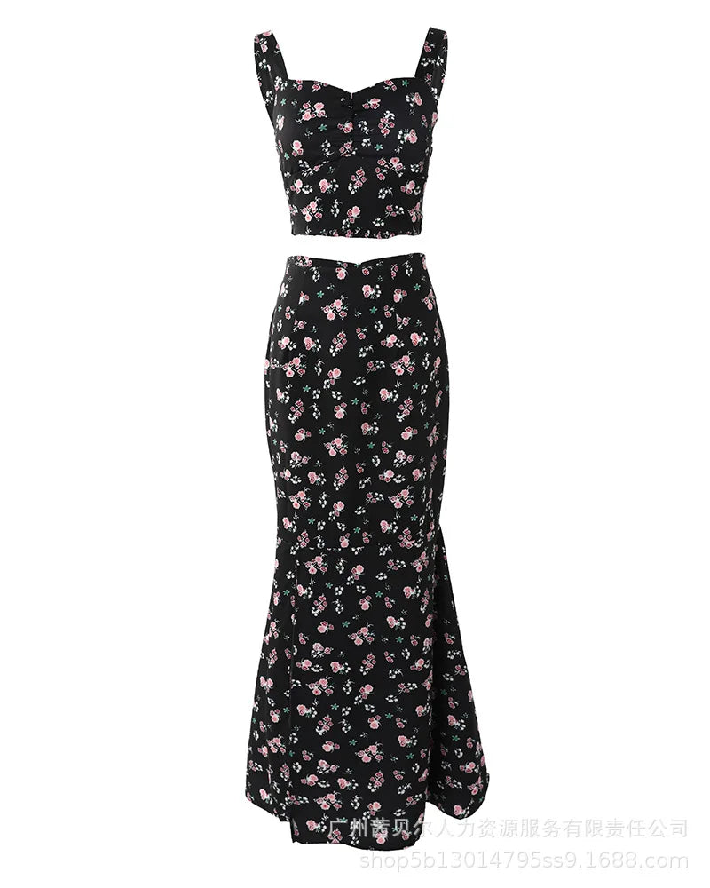 Skirt Set Women Two Piece Sets Print Floral Sleeveless Slim Fit Sexy Sling Tops Elegant Splice A Line Hip Wrap Long Skirts