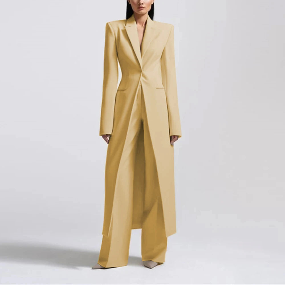 Fashion Beige Women's Blazer PantsSuit Peak Lapel Long Coat Wedding Formal Suits Office Lady Jacket Pant 2 Piece