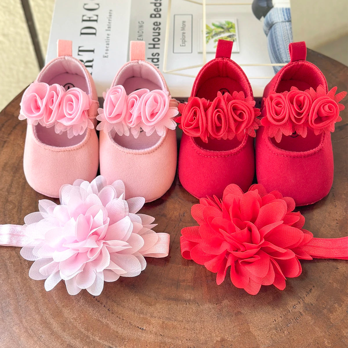 2pcs Baby Girls Flat Shoes With Flower Decor Princess Crib Shoes First Walker Shoes & Headband For Newborn Infant