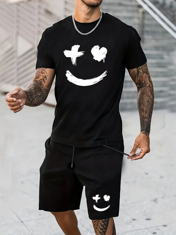 Men's Summer Short Sleeve Set Hip Hop Cartoon Bear Print Short Sleeve Top Shorts Casual Two-piece Outdoor Urban Street Fashion