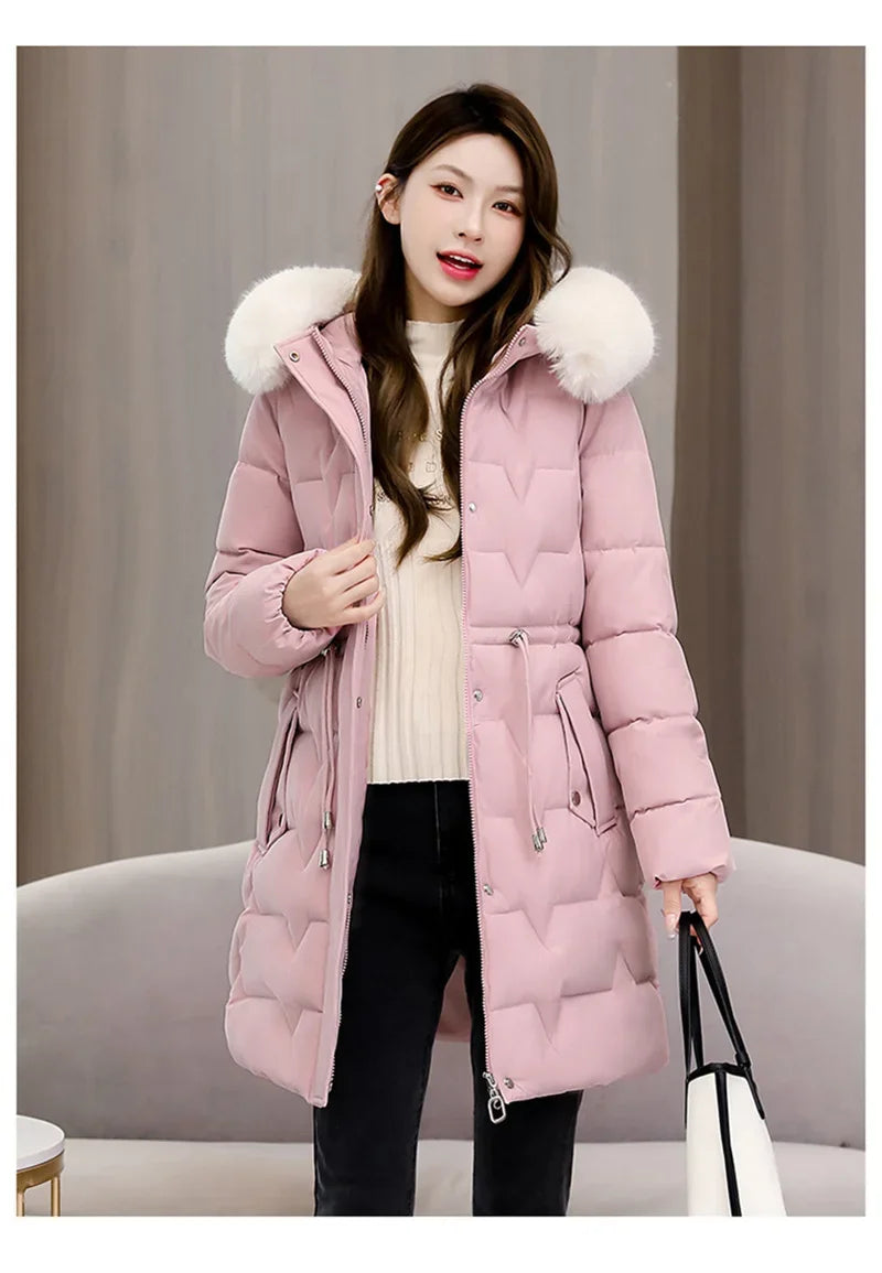 2025 New Winter Women Parka Fur Hooded Jackets Thicken Warm Cotton-padded Puffer Coat Casual Long Parkas Clothes Loose Outerwear