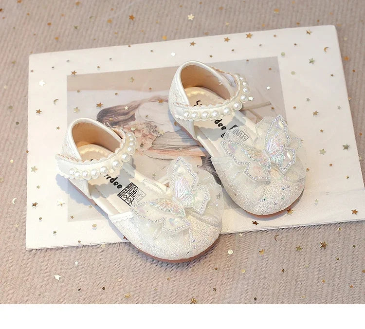 Chic Girls Dress Shoes for Wedding Party Bling Sequins with Rhinestone Butterfly Sweet Princess Chic Kids Flat Shoes Lace Beaded