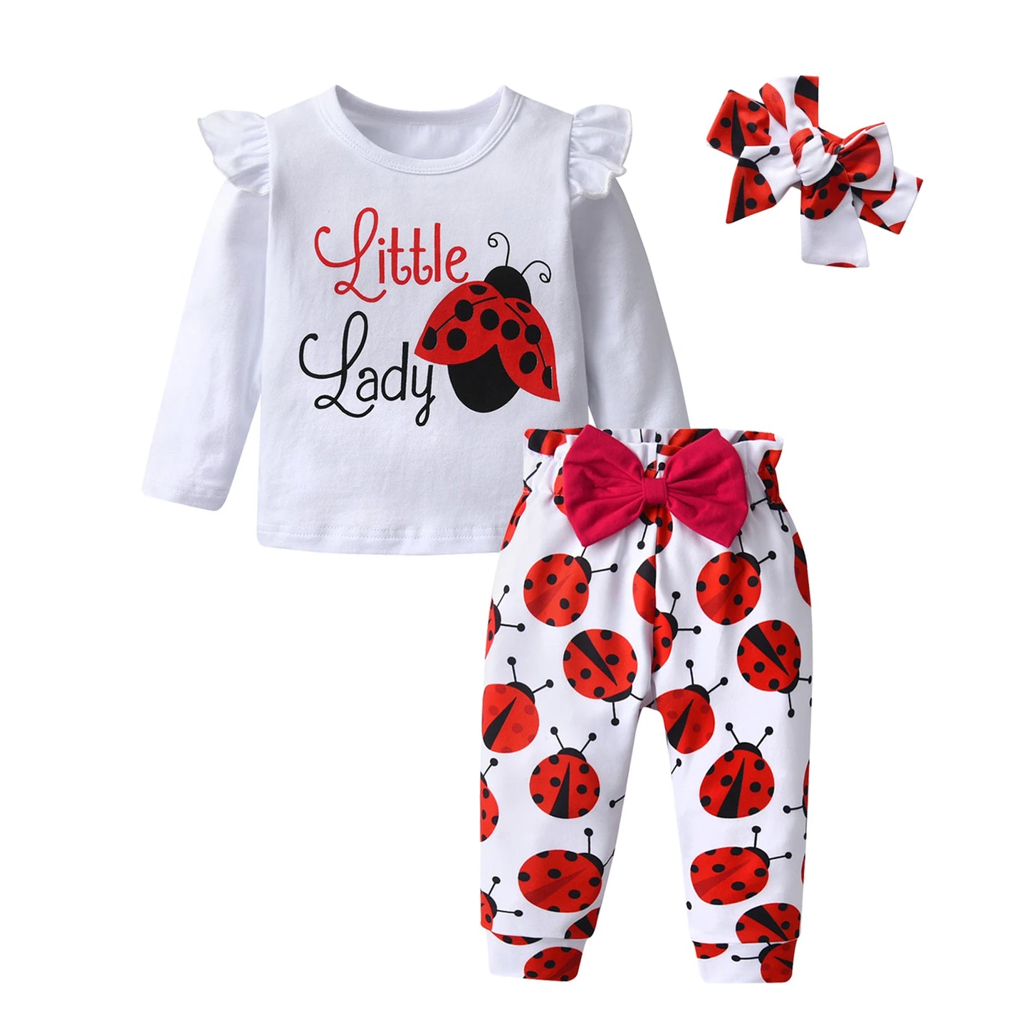 0-2 Years Toddler Baby Girl Spring Autumn Clothes Set Insect Pattern Long Sleeve Top and Pants Headband Three Pieces Outfit Set