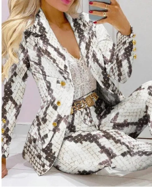 Fashion Butterfly Print Blazer Suit and Pants Two Piece Set for Women 2023 Autumn Winter Outfit Office Lady Casual Clothing