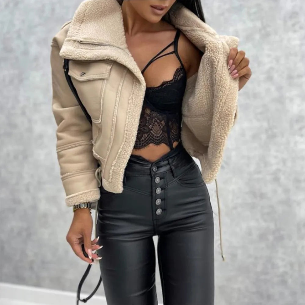 2025 Autumn Winter Women's Jacket New Fashion Lamb Fur Splicing Short Coat Zipper Motorcycle PU Leather Jacket Tops Female