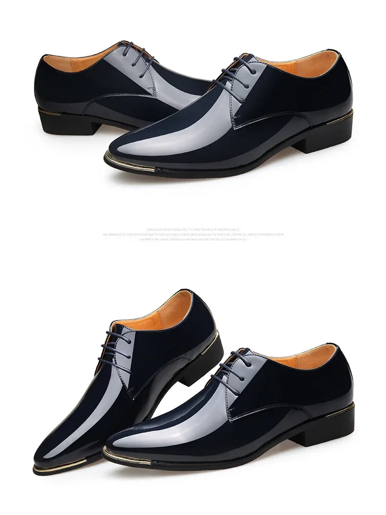 2024 New Men’s Patent Leather Shoes British Style Men's Dress Shoes Lace Up Pointed Toe Wedding Business Party Social Shoe Male
