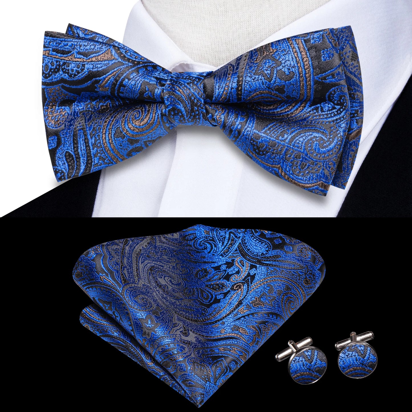 Hi-Tie Pink Dot Silk Mens Pre-tied Bow Tie Hanky Cufflink Set Dusty Pink Butterfly Knot Bowtie for Male Wedding Business