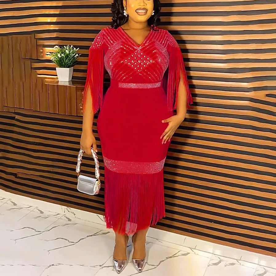 Elegant African Dresses New Trends Luxury Diamond Tassel V Neck Sheath Mid Calf Modest Female Business Work Wear Gowns Clothes