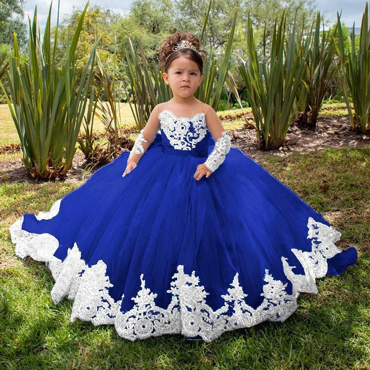 Long Sleeves Flower Girl Dresses For Weddings Toddlers Satin Bow Ball Gown Pageant Dress Sparkly 1st Communion Party Gowns