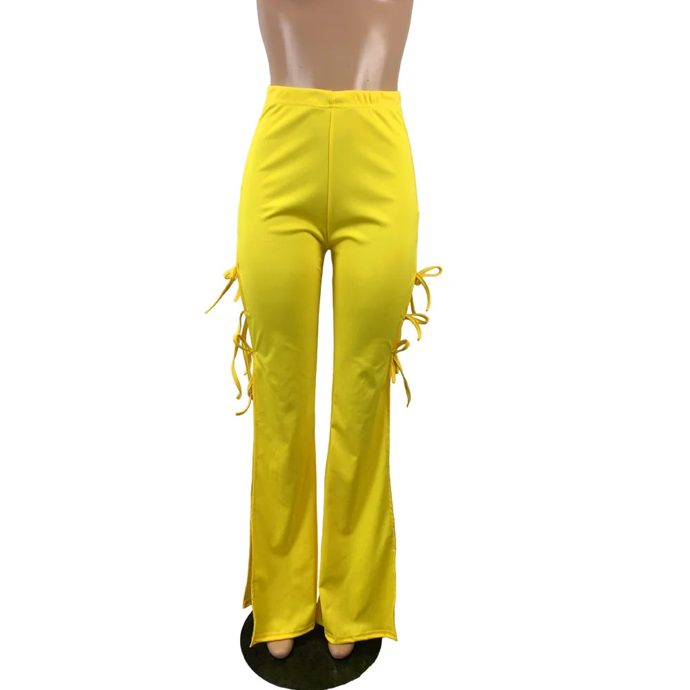 BKLD Women Clothing Fashion Solid Color Lace-Up Flared Pants Sexy Night Club Outfits Party Wide Leg Pants High Waist Trousers