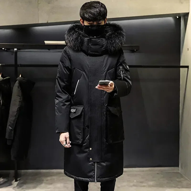 Men's Thickened Down Jacket Hooded Faux Fur Collar Winter Long Parka Jacket Outdoor Street Fashion Jacket Men's Clothing 2024