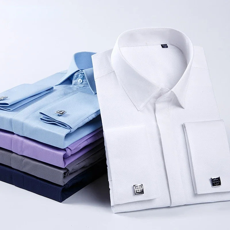 Spring Autumn Men's French Cufflinks Business Dress Shirt Sleeve Pin Solid Color Non-iron Shirts Slim Fit Party Men's Wear