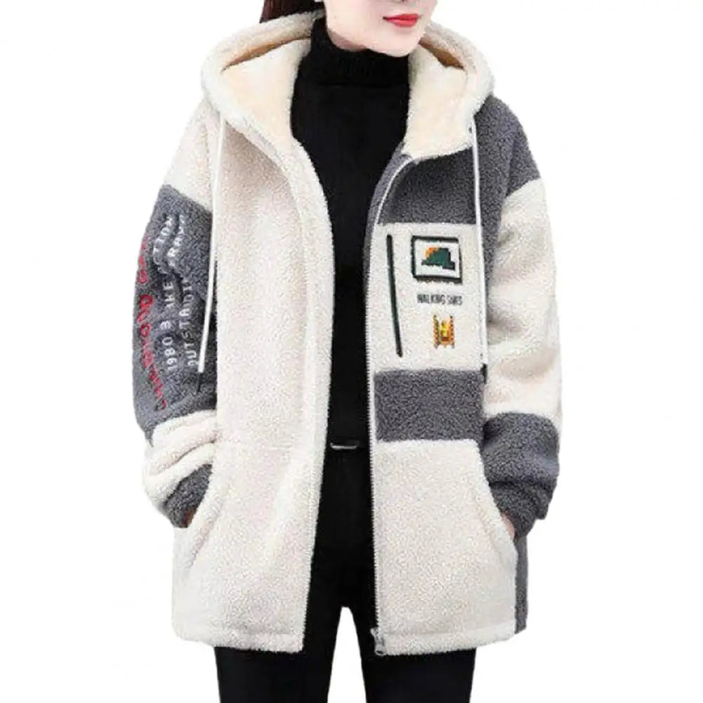 Women Autumn Winter Jacket Hooded Colorblock Thick Plush Long Sleeve Letter Embroidery Drawstring Cardigan Lady Mid Length Coat