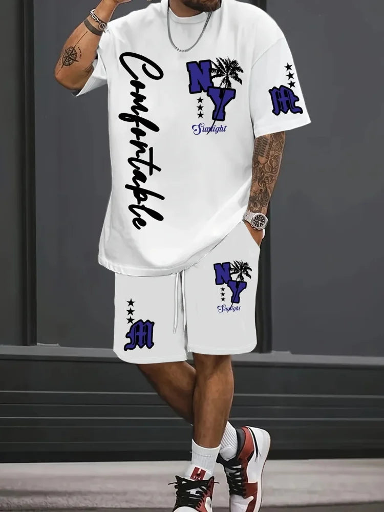 Men's Summer Short Sleeve Set Hip Hop Cartoon Bear Print Short Sleeve Top Shorts Casual Two-piece Outdoor Urban Street Fashion