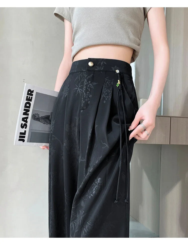 New Chinese Style Jacquard Wide Leg Satin Pants for Women Elegant Solid Office Lady Women's Casual Loose Pants Female