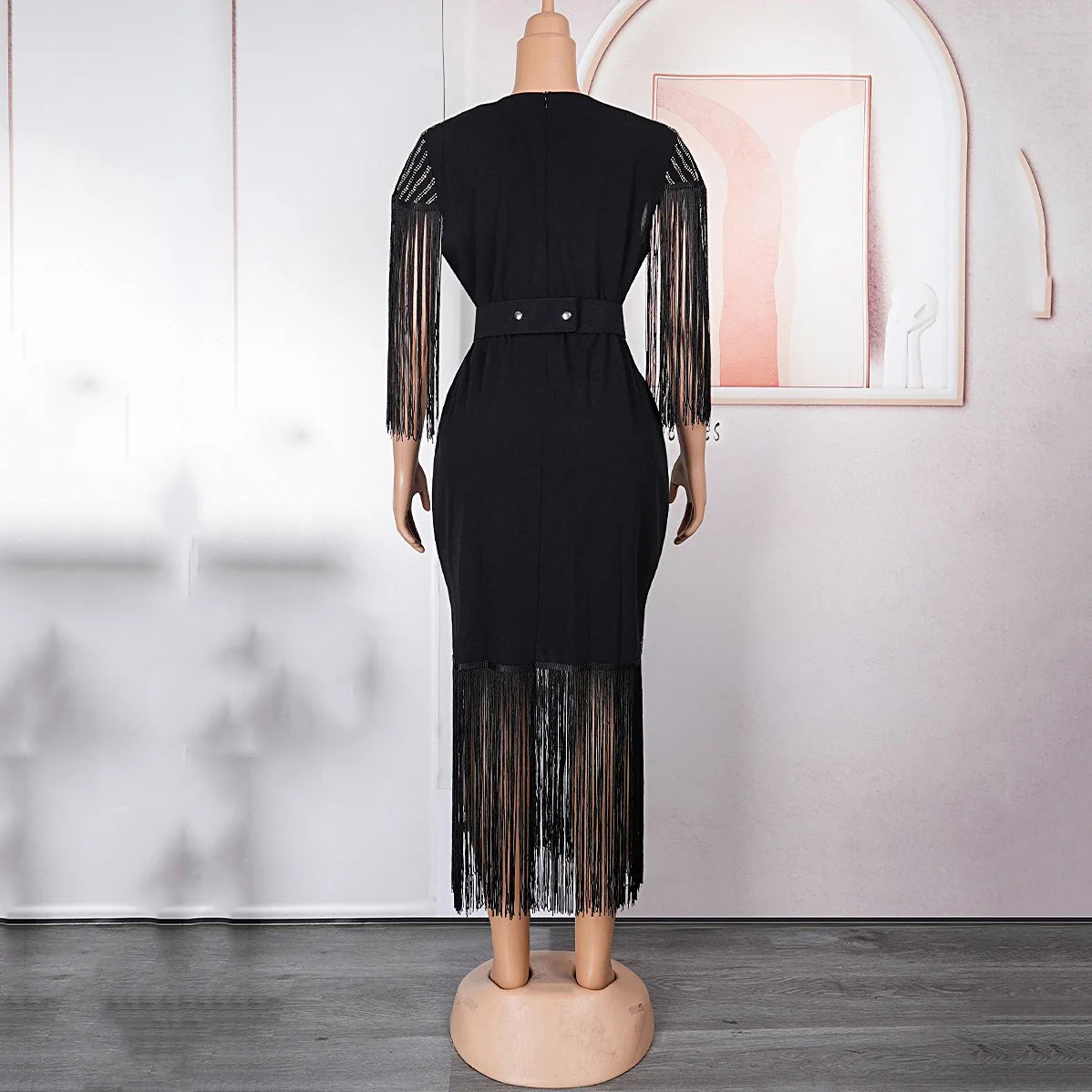 Elegant African Dresses New Trends Luxury Diamond Tassel V Neck Sheath Mid Calf Modest Female Business Work Wear Gowns Clothes