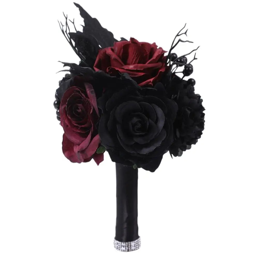 Yannew Black Burgundy Gothic Bridal Bouquets for Bride Bridesmaids Artifiicial Silk Foam Roses Flower Wedding Bouquet Halloween