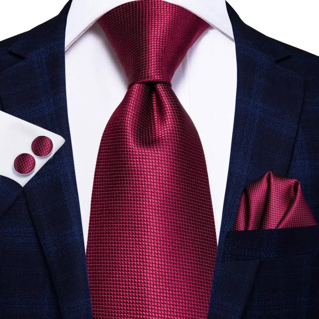 Hi-Tie Designer Red Burgundy Plaid Silk Wedding Tie For Men Handky Cufflink Gift Mens Necktie Fashion Business Party Dropshiping