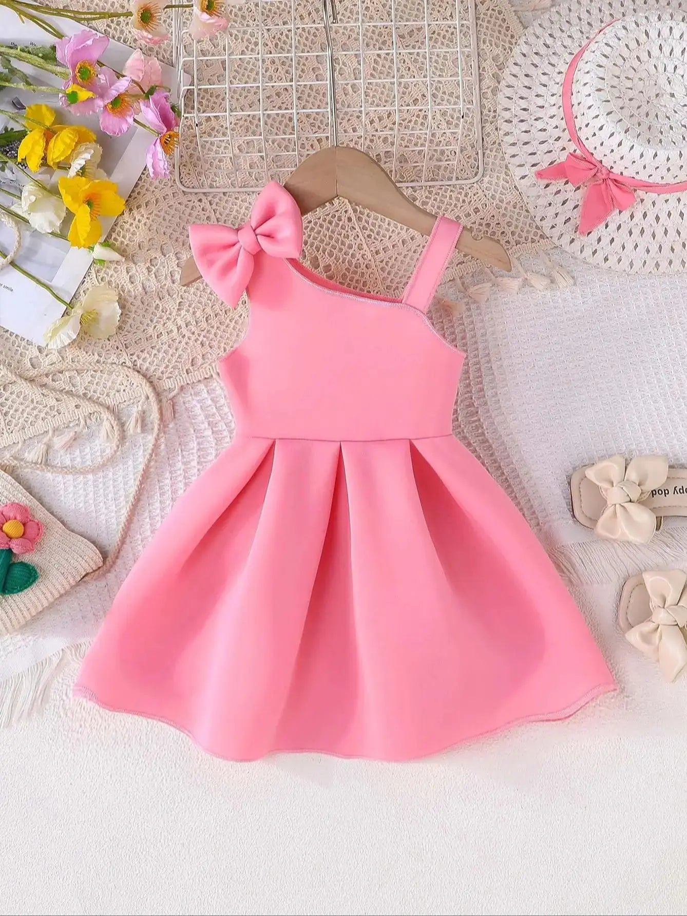 legant Girl's One - Shoulder Dress, Bow - adorned on One Side, Puffy Pleated Skirt