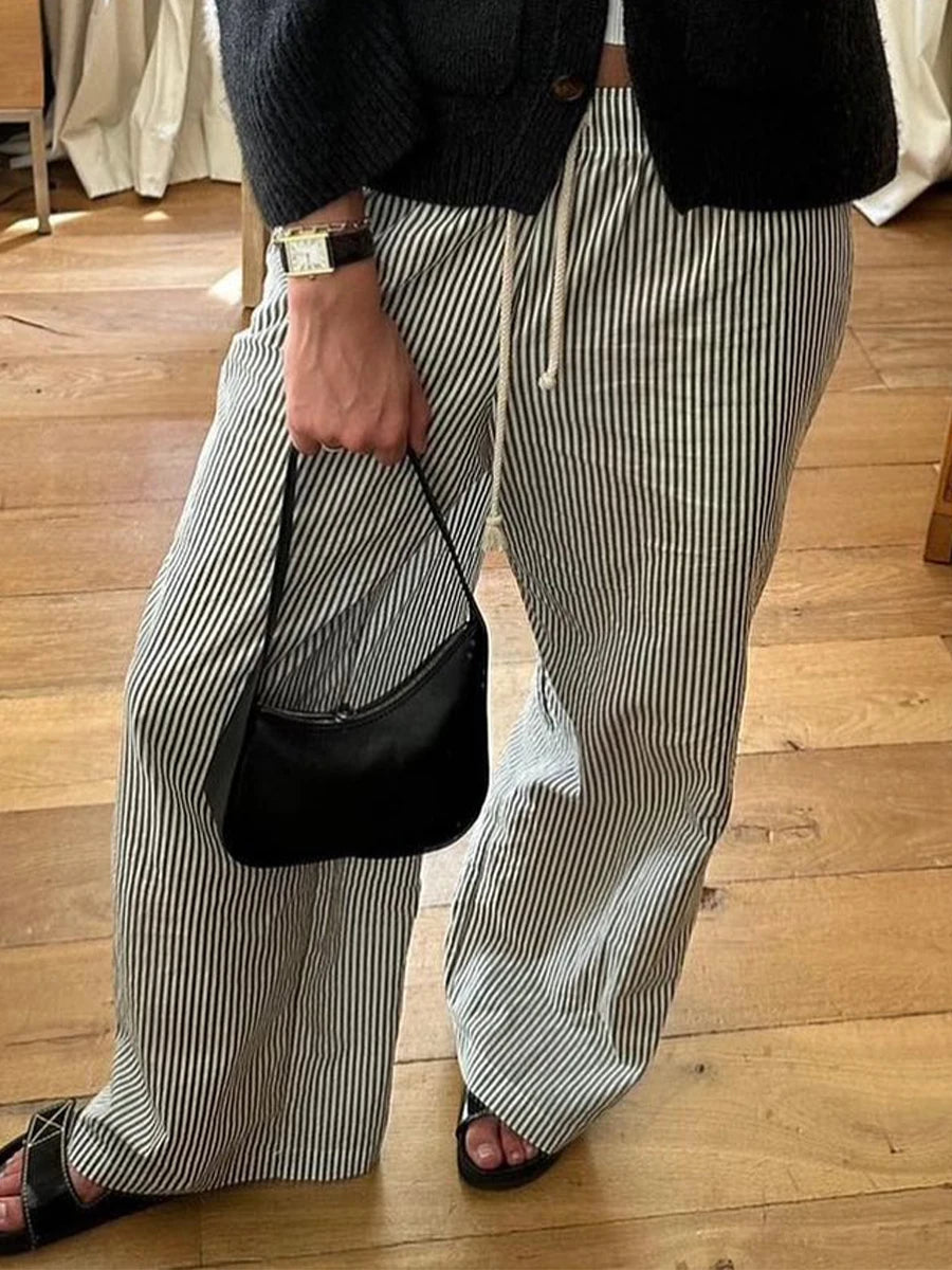 Combhasaki Women Y2K Aesthetic Wide-Leg Pants Stripe Drawstring High Elastic Waist Trousers Spring Fall Retro Sweatpants Bottoms
