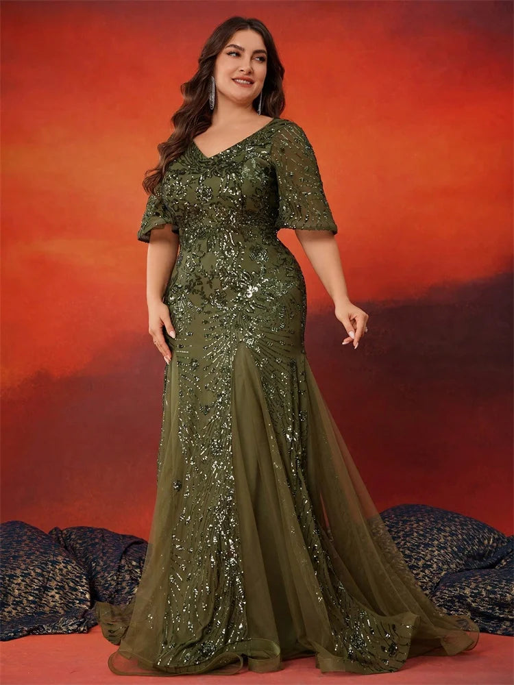 BLUEPLUM Plus Size Elegant Short Sleeves Sequin Evening Dresses For Women Mermaid Formal Bridesmaid Party Maxi Prom Dress Gown