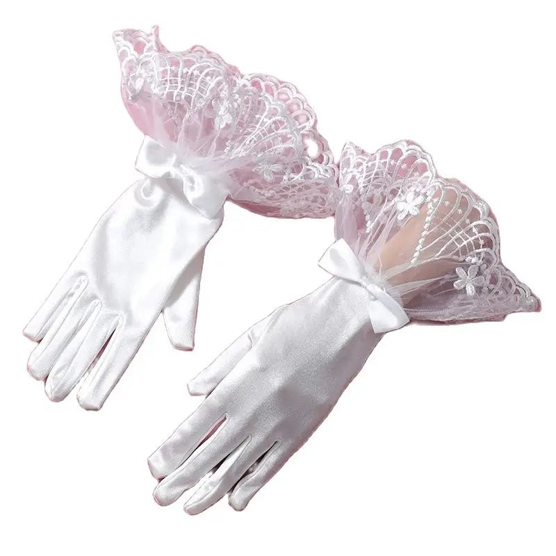 Bridal Wedding Gloves Dignified And Elegant Ladies' White Holiness Wrist Length Printed Bride Gloves