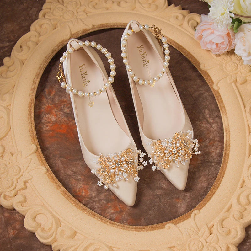 Wedding Shoes Female Footwear Bride Dress New Flower High Flat Floral Pumps Shoes Woman Flats Dress Wedding New Floral Pumps