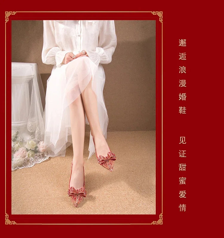 Women's Rhinestone Wedding Shoes New Year Shoes Luxury Buckle Decorative Banquet Women's Shoes High Heels Gold Silver Red