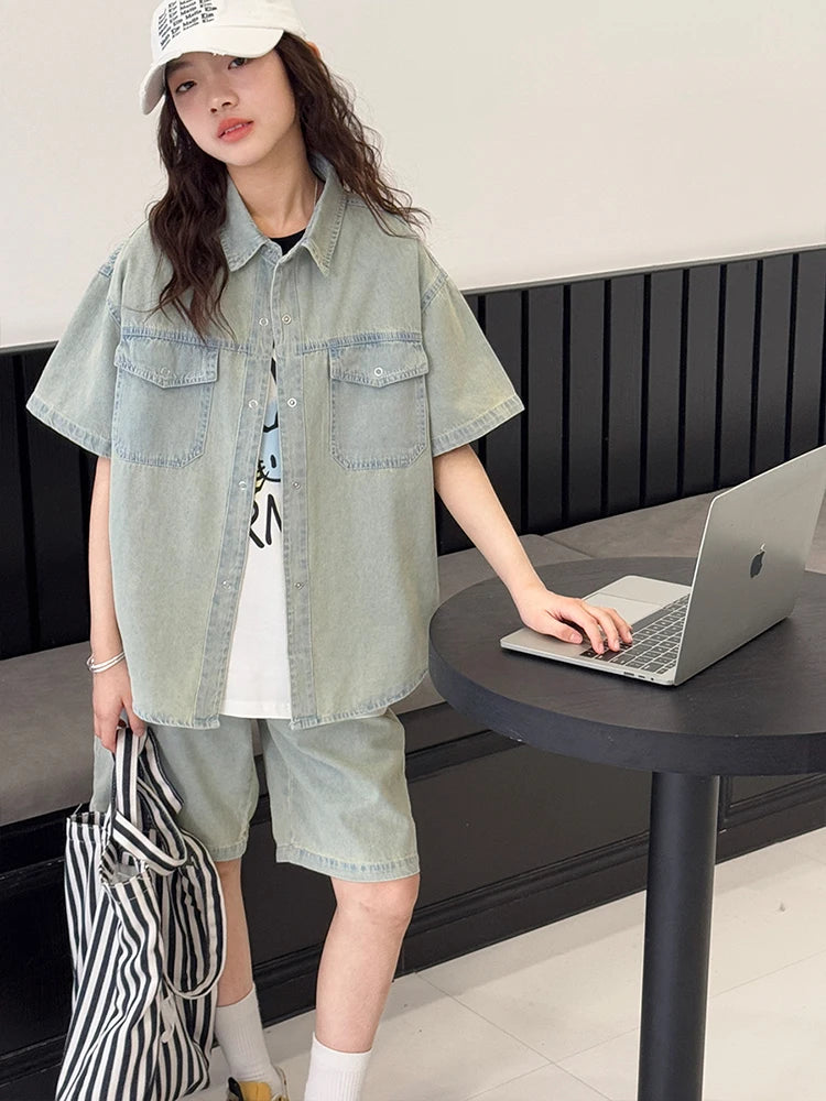 Girls' Summer Tencel Cowboy Set 2025 New Children's Shirt Shorts Two Piece Set Girls' Fashionable Clothes Trendy