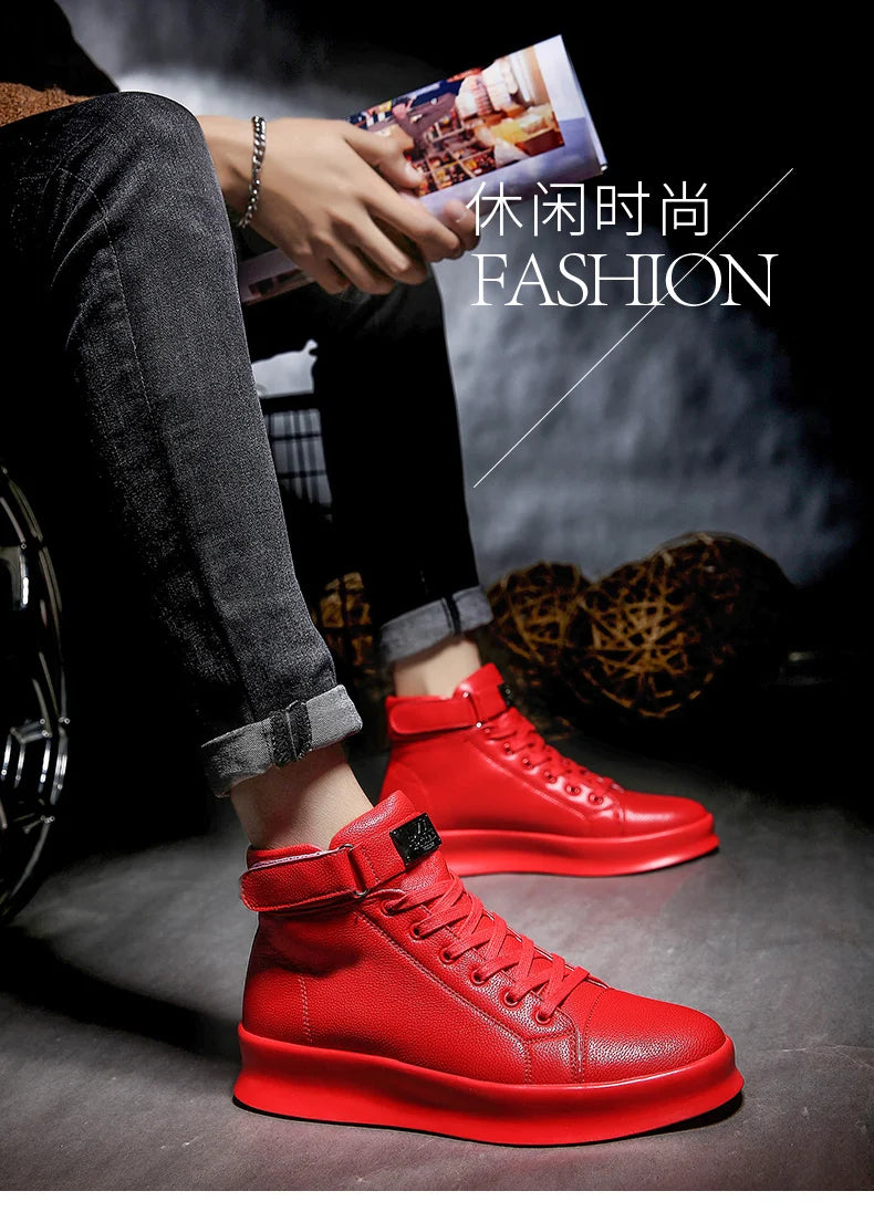 Fashion Luxury Men's Red High Top Sneakers PU Leather Casual Sneakers Men Flat Designer Shoes Breathable Hip Hop Sport Shoes Man
