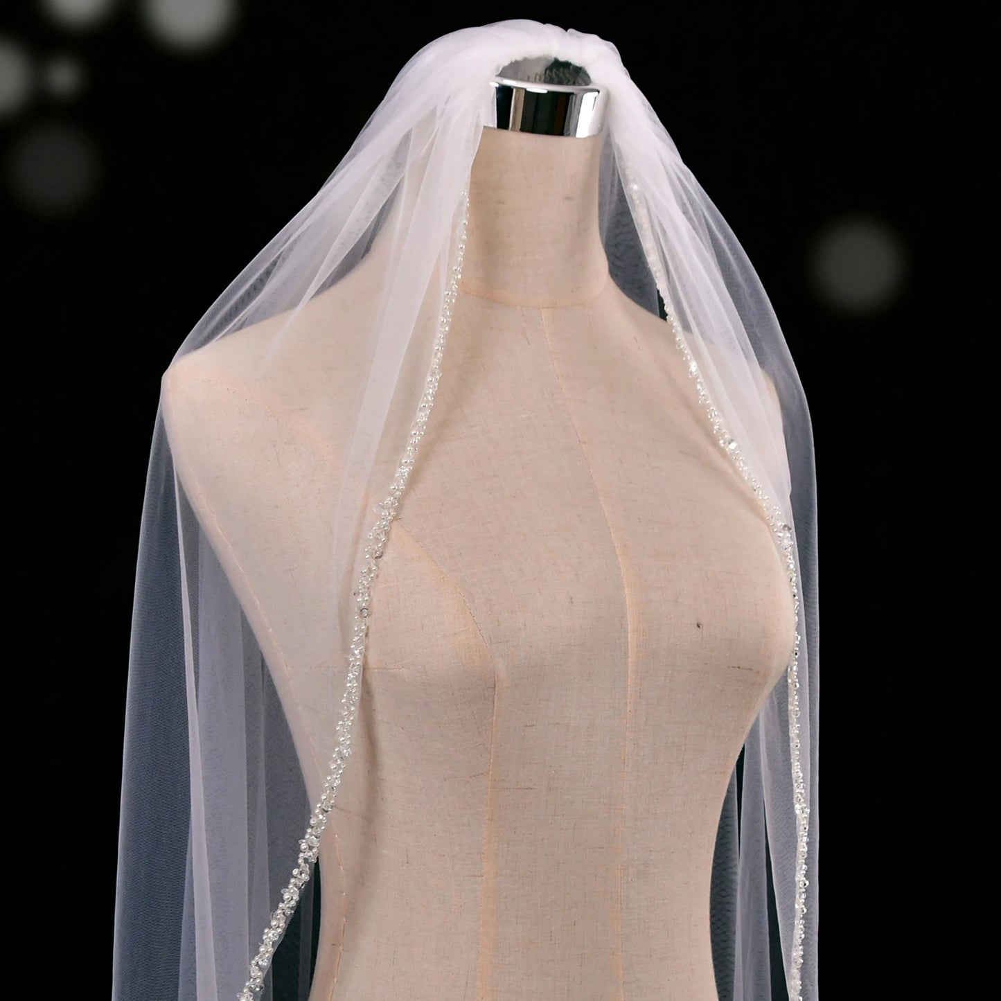 Luxury Cathedral Long Wedding Veil Crystal Organza Beaded Bridal Veil with Rhinestone Edge 1 Tier Soft Wedding Accessories G134