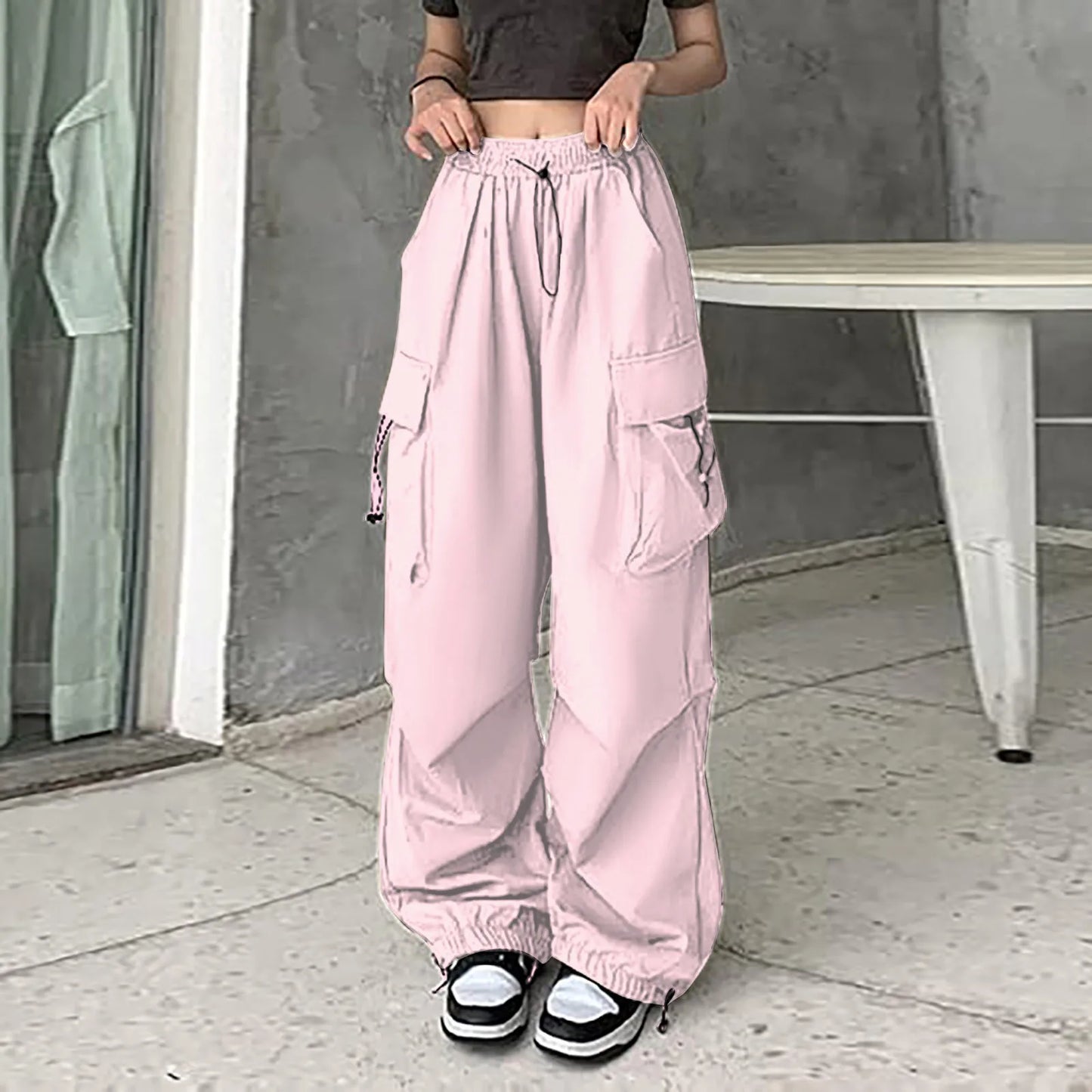 Womens Baggy Cargo Pants Streetwear Hip Hop Joggers Sweatpants Drawstring Casual Loose Dress Pants for Women Business Casual