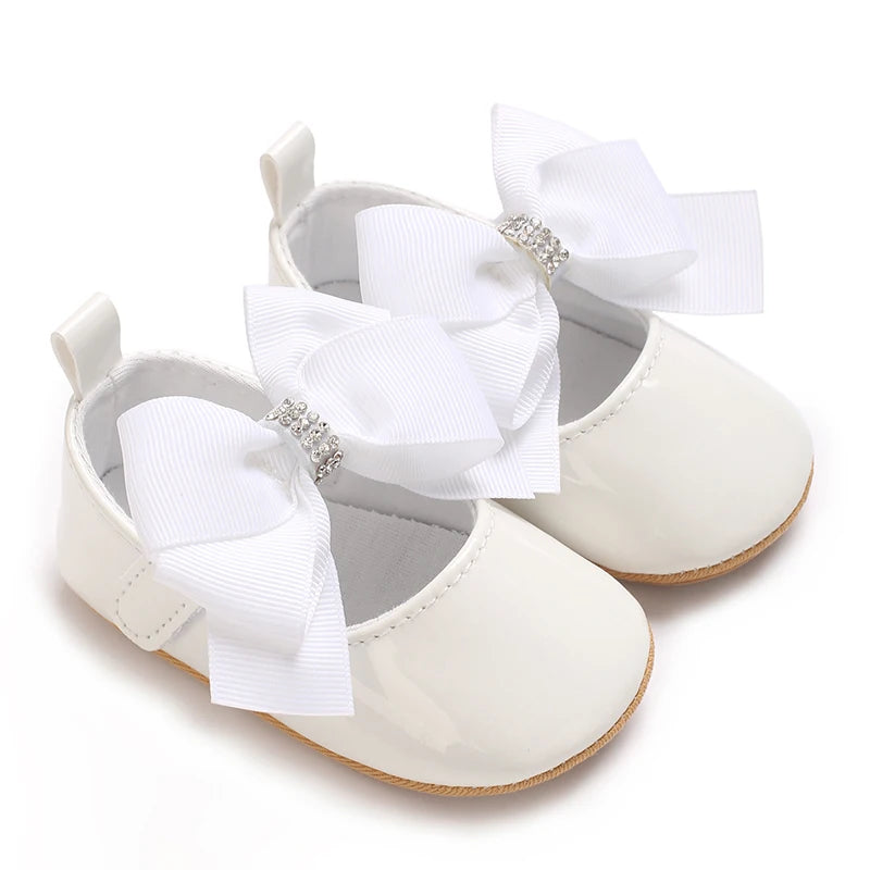 VALEN SINA 0-18 Months Newborn Girl White Baptism Shoes Bow Non-slip Rubber Soft-Sole Flat PU First Walker Mary Janes