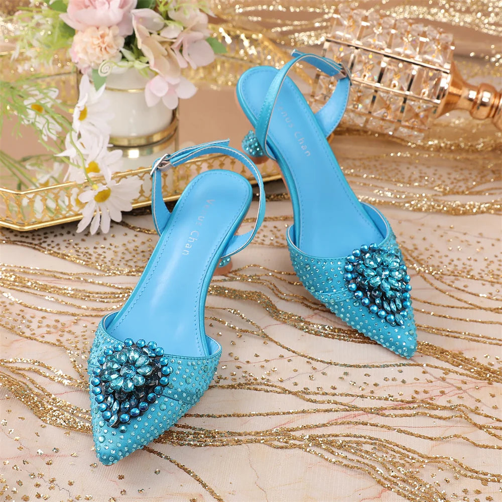 Luxury Elegant High Heels Royal Blue Color Diamond Embellished Pointed Toe Women's Shoes for Wedding Party Casual 2025 Style