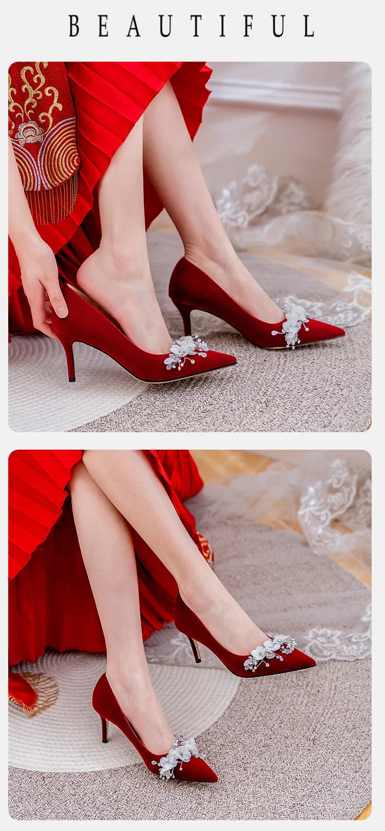Wedding Shoes Women's 2024 Main Wedding Dress White High Heels Burgundy Xiuhe Bridal Shoes Mid Heel Plus Size Single Shoes