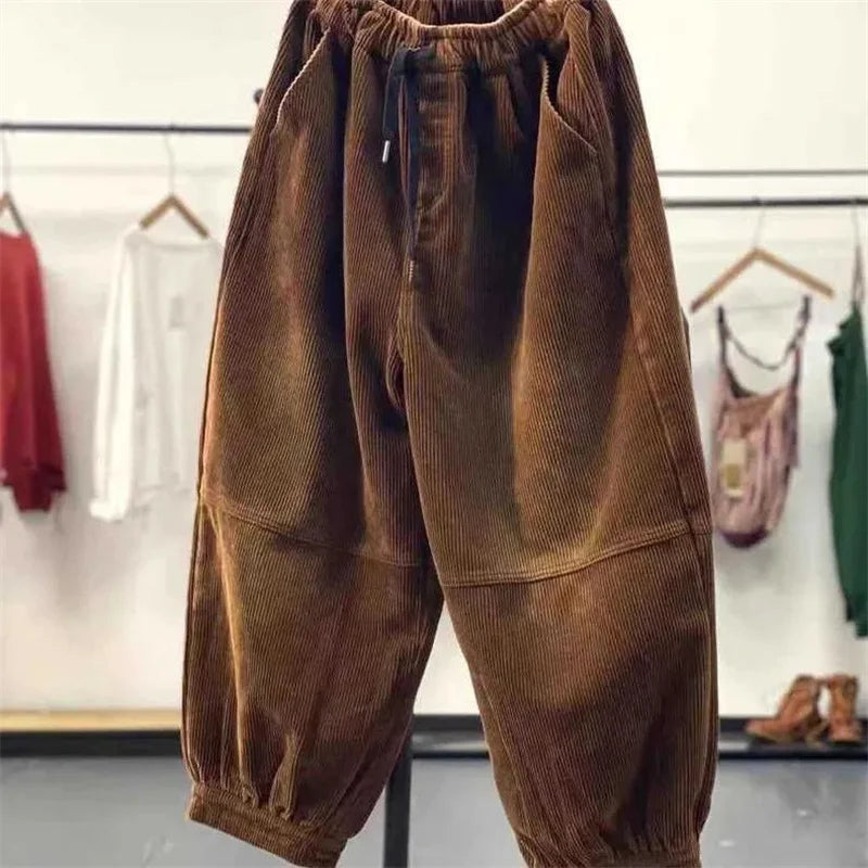 Ladies Large Size 4XL Corduroy Pantalons 2024 Female High Waist Add Velvet Casual Trousers Winter Women Loose Fit Lantern Pants