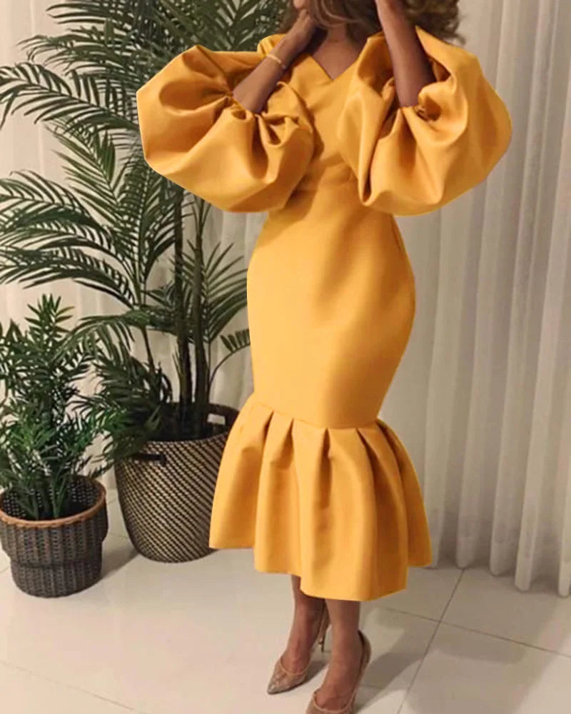 African Women's Fashion Solid Color V-neck Bubble Long-sleeved Fishtail Skirt European and American Dress