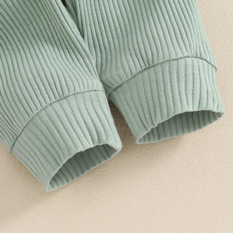 Newborn Baby Girls Autumn 4PCS Sets Long Sleeve Romper Tops Ribbed Pants Headband Hat Sets