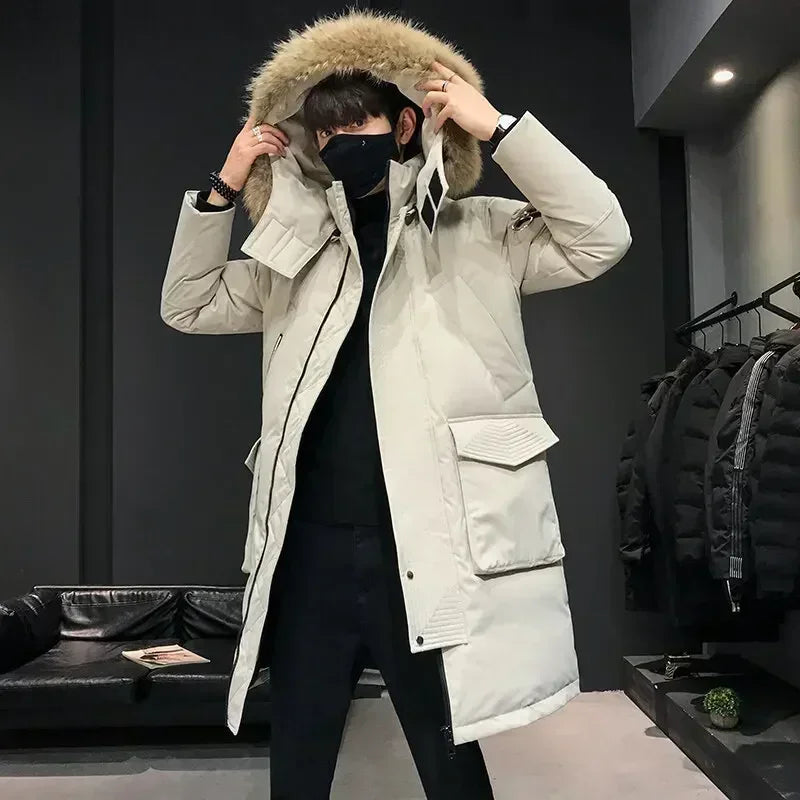 Men's Thickened Down Jacket Hooded Faux Fur Collar Winter Long Parka Jacket Outdoor Street Fashion Jacket Men's Clothing 2024
