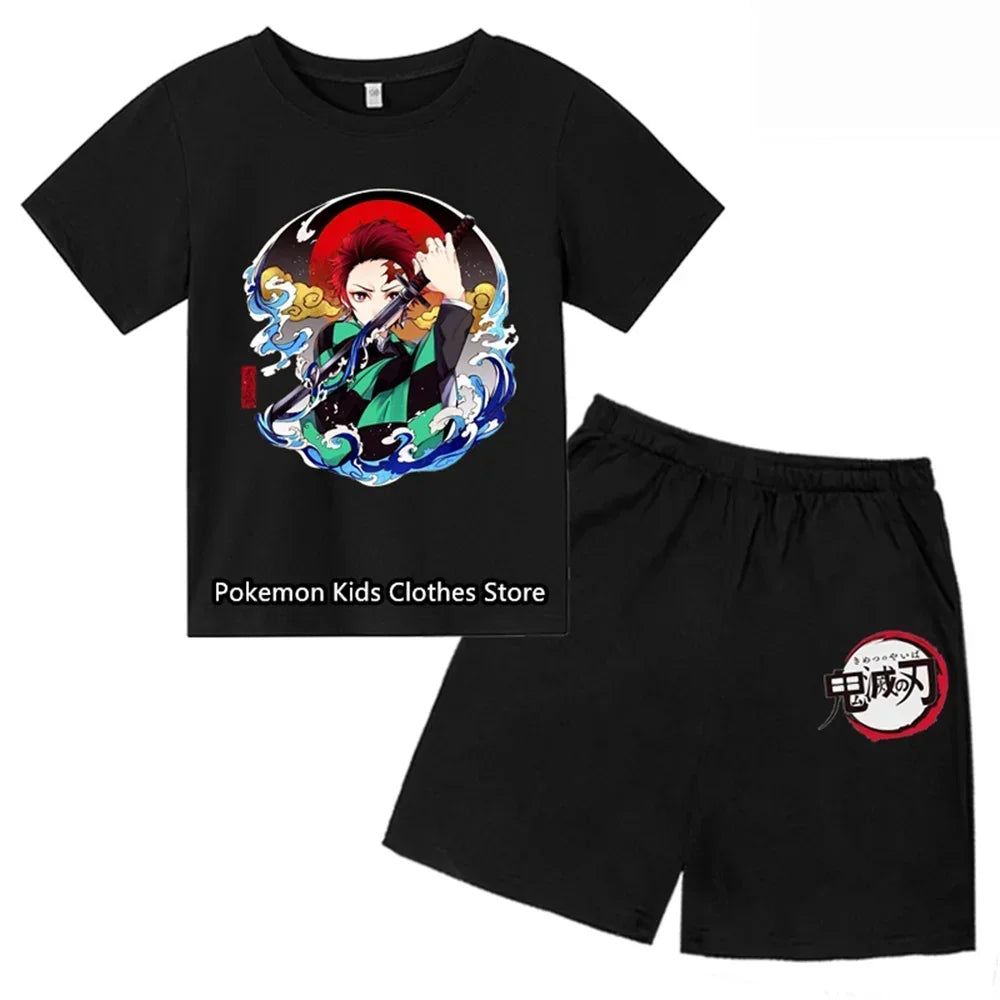 Boys Girls Clothes Set Summer Cartoon Demon Slayer T shirt+Short Pants 2pcs Children Clothing Teen 1 2 3 4-14 Year Kids Suit