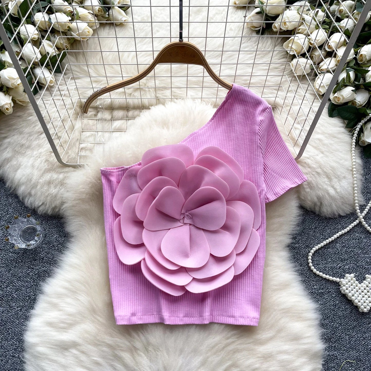 2024 New Summer Vest Women Three-dimensional Flowers Patchwork Slim Off-shoulder Backless Sleeveless Suspender Female