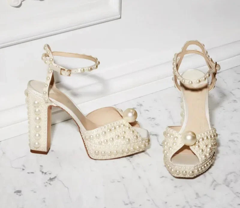 Shoes for Women Beaded Thick Heel Fish Mouth Sandals 35-41 High Heel Waterproof Platform Women's Shoes Wedding