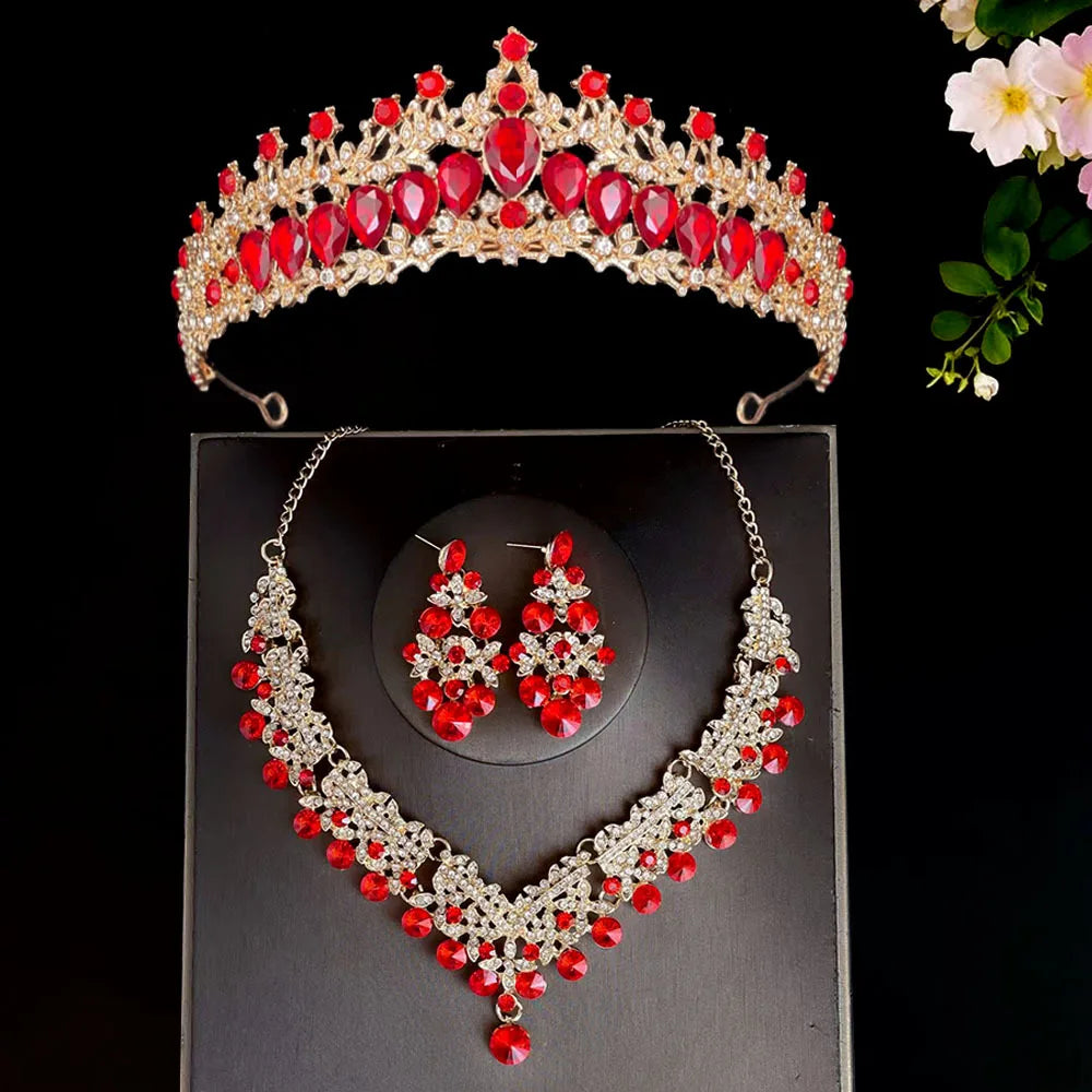Bridal headwear, crown, three piece set, wedding necklace, earrings, crystal set, European and American wedding accessories