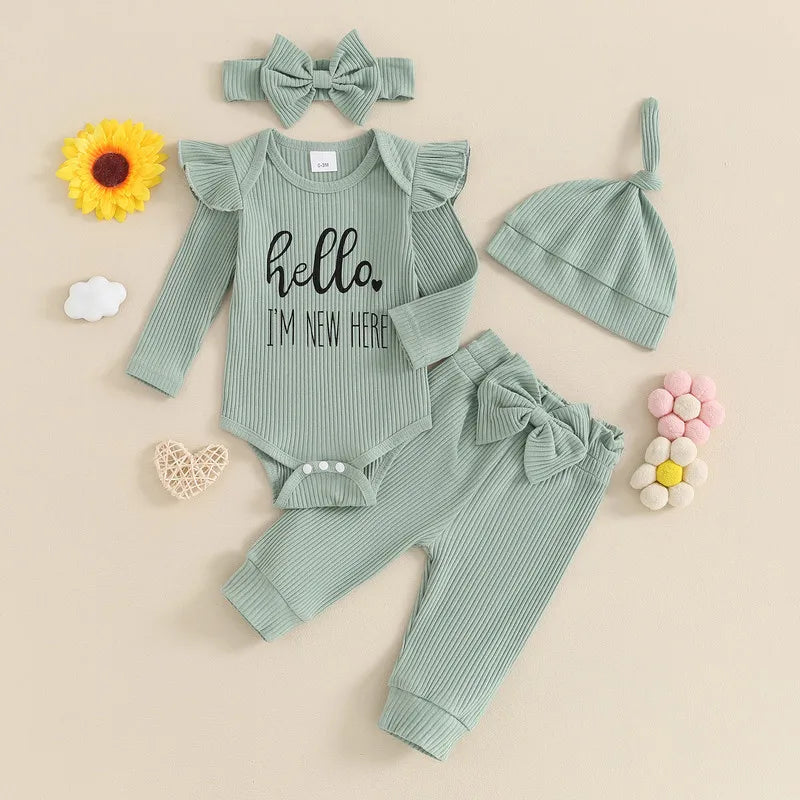 Newborn Baby Girls Autumn 4PCS Sets Long Sleeve Romper Tops Ribbed Pants Headband Hat Sets