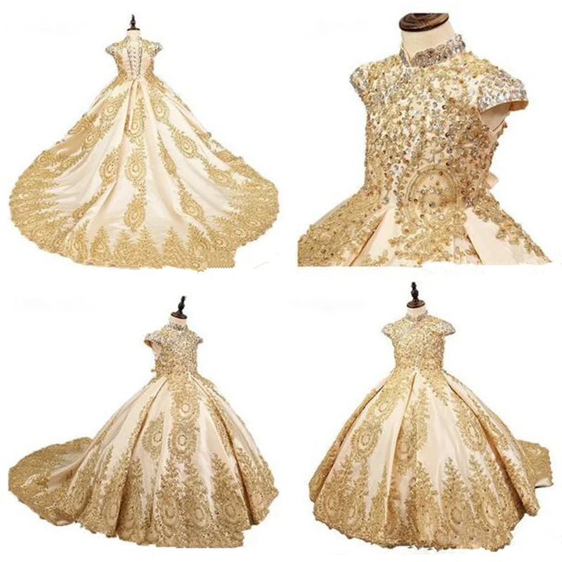 Gorgeous Golden Long Flower Girl Dresses for Wedding Pageant Birthday Cap Sleeve Lace Appliques Child Holy Communion Gown