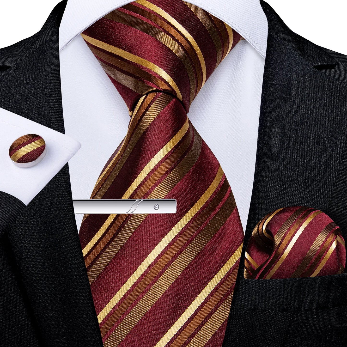 Men's Tie Set with Clip Luxury Retro Red Blue Floral 8cm Necktie Handkerchief Cufflinks Wedding Party Business Accessories Gift