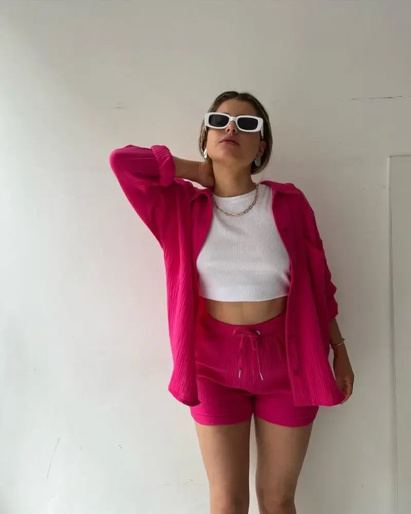 Short Sets Women Tracksuit Single Breasted Cardigan Blouses Two Pieces Shorts Loose Button High Street Solid Pockets Folds