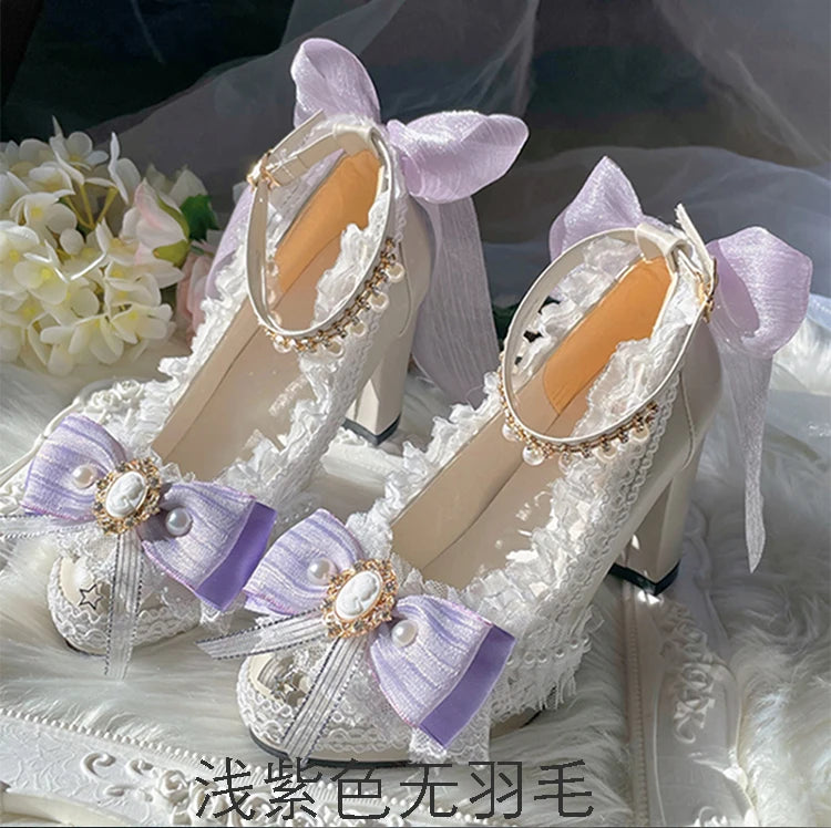 Original Handmade Lolita High Heels Heavy Industry Feather Stitching Pearl Bow Lace Platform Shoes Round Head Princess Heels